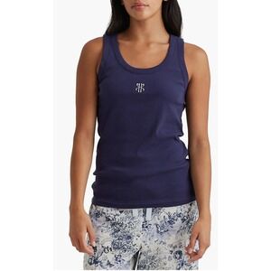 Papinelle Womens Navy Blue Ribbed Cotton Blend Logo Tank Top Size M